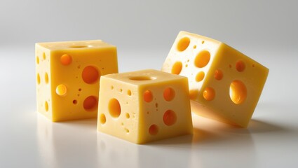 Emmental cheese blocks featuring holes on a white backdrop.