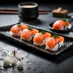 Sushi with salmon and yam, served on a gray plate, presented in an elegant restaurant setting