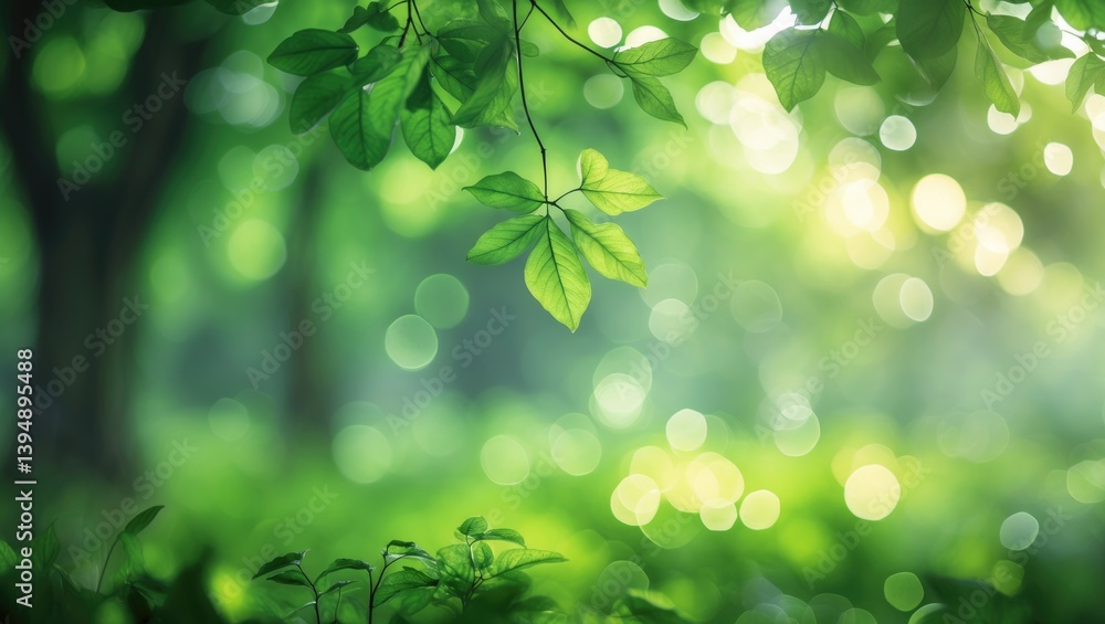 Aufkleber blurred photographs and bokeh on a green texture background under the tree, representing fresh natur