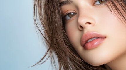 Naklejka premium Captivating portrait, woman with striking blue eyes and flowing brown hair portrait