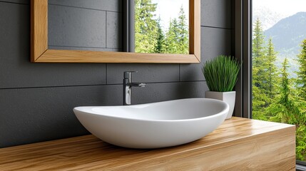 Fototapeta premium a bathroom sink with a view of the mountains