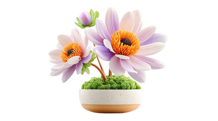 Naklejka premium Delicate pink blossoms with soft petals and vibrant centers arranged in a modern ceramic planter against a clean white background