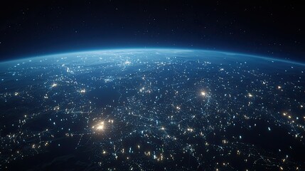 Fototapeta premium A cyber-inspired world map with illuminated network connections over a dark blue backdrop.