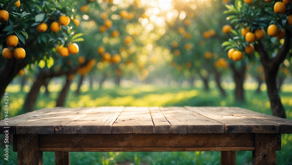 Poster unoccupied wooden table with open space over a field and tree background for product display montage