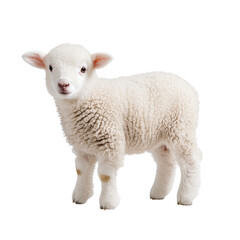 Fototapeta premium A close up portrait of a young fluffy white lamb standing calmly in a grassy rural meadow setting