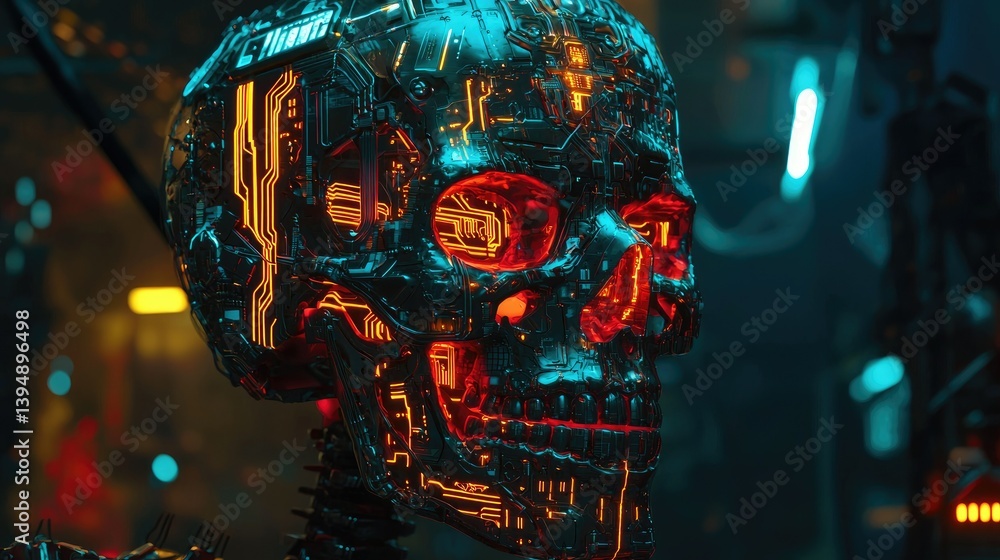 Poster a cybernetic skull with intricate neon circuits and glowing data pathways in a dark setting