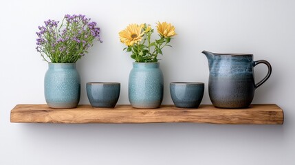 Speckled Blue Ceramic Vases and Teacups with Flowers on Wooden Shelf Against White Wall