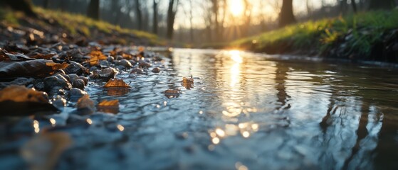 Fototapeta premium A small creek with sparkling water reflects sunlight amidst an autumn forest, accentuating the transition between seasons in a peaceful setting.