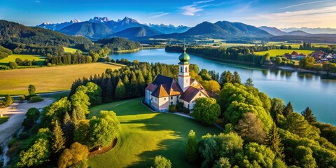 Naklejka premium Aschau im Chiemgau Church Lake Chiemsee Aerial Summer Scenery Drone Photography Bavaria Germany