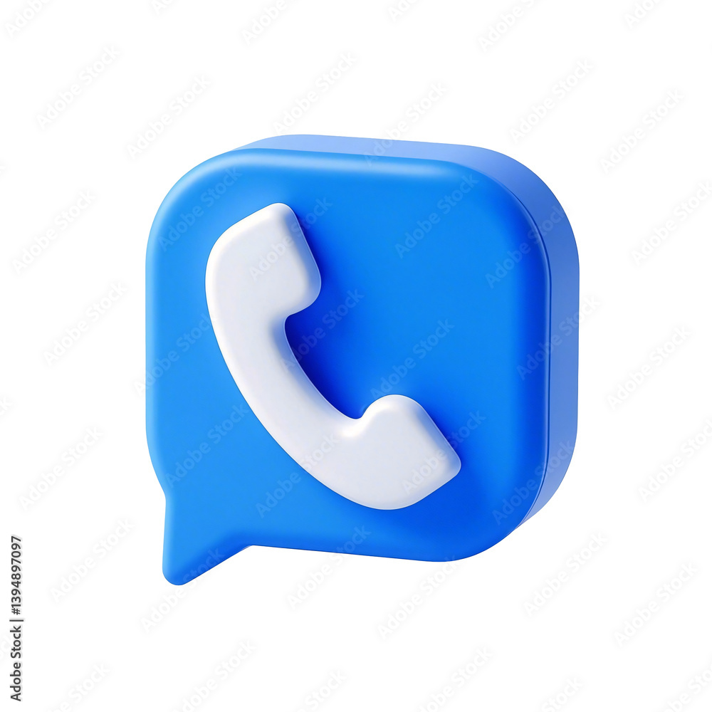 Poster 3d blue phone call icon - rounded speech bubble with white telephone symbol representing communicati