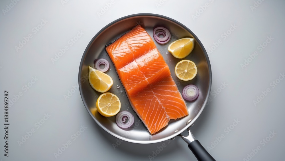 Poster raw salmon fish fillet with cooking components floating against a white background.