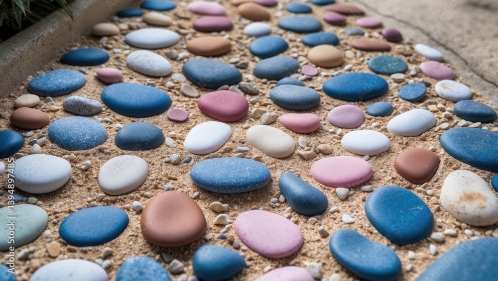 Aufkleber zoomed-in view of a pebble mosaic integrated into concrete, highlighting multicolored smooth stones 