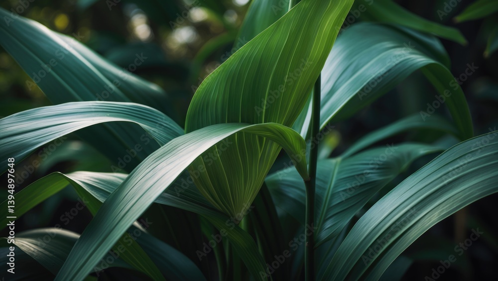 Poster macro view of green tropical foliage. abstract floral background with selective focus. leaves in flo