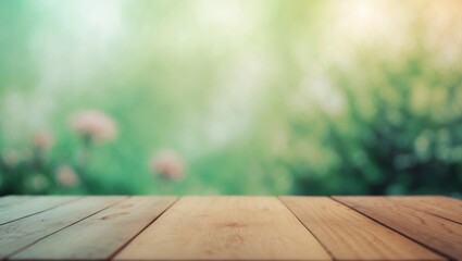 Template mockup for product montage featuring an empty brown wood table top and blurred background