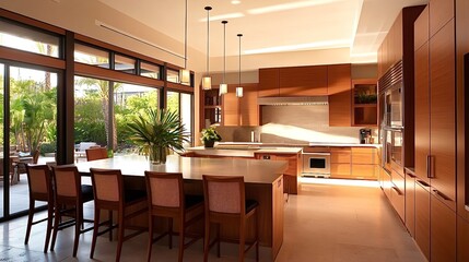 Fototapeta premium Modern kitchen with island and patio access illuminating with natural light