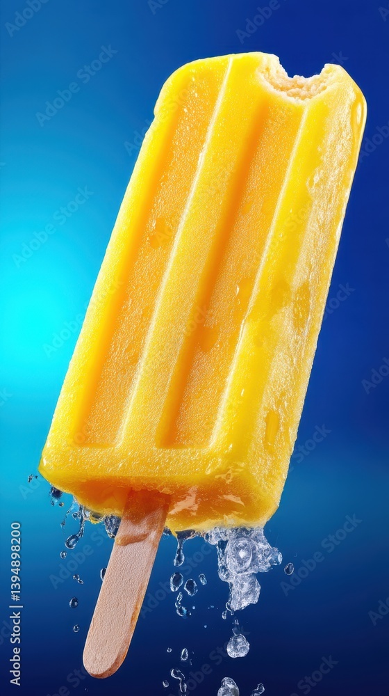 Poster refreshing yellow popsicle with a bite mark on a stick against a vibrant blue background creating a 