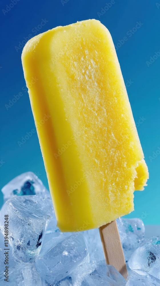 Poster refreshing yellow popsicle on ice cubes against a vibrant blue backdrop captures summer fun and trea
