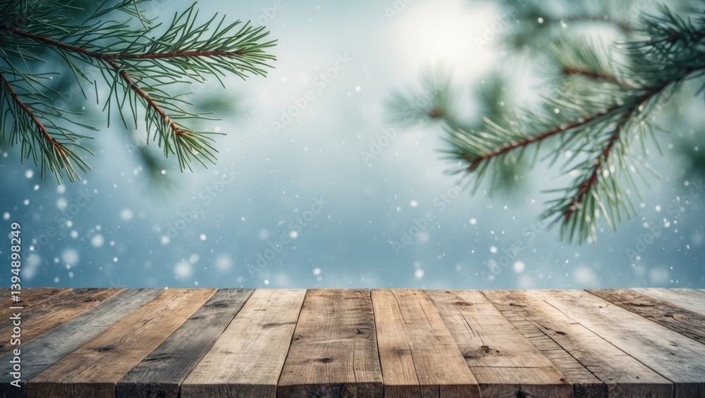 Poster wooden table surface in winter setting with snow. product display template