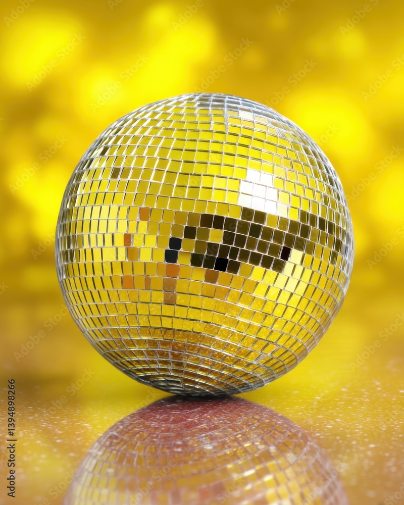 Poster golden disco ball reflecting light on a shiny surface creating a vibrant and festive atmosphere perf