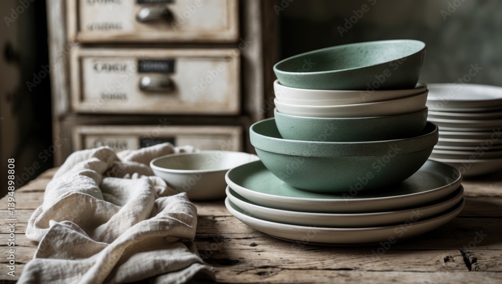 Aufkleber rustic tabletop adorned with gray stoneware plates and bowls