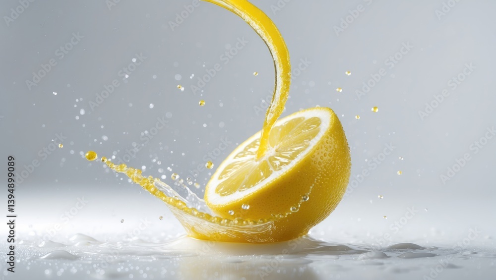 Poster half of a lemon falling into a yellow juice splash resembling a crown, set on a white background.