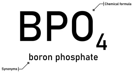 Boron phosphate chemical formula and synonyms with callout titles