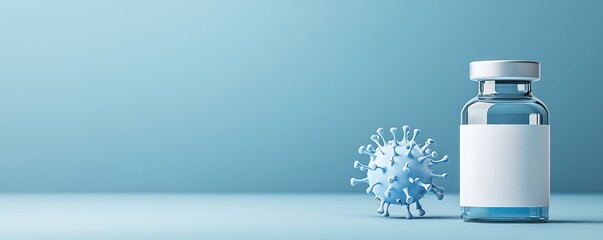 Global Health  Pandemics  Vaccines Vaccine vial beside a virus model on a smooth blue background, symbolizing health and medical advancements.