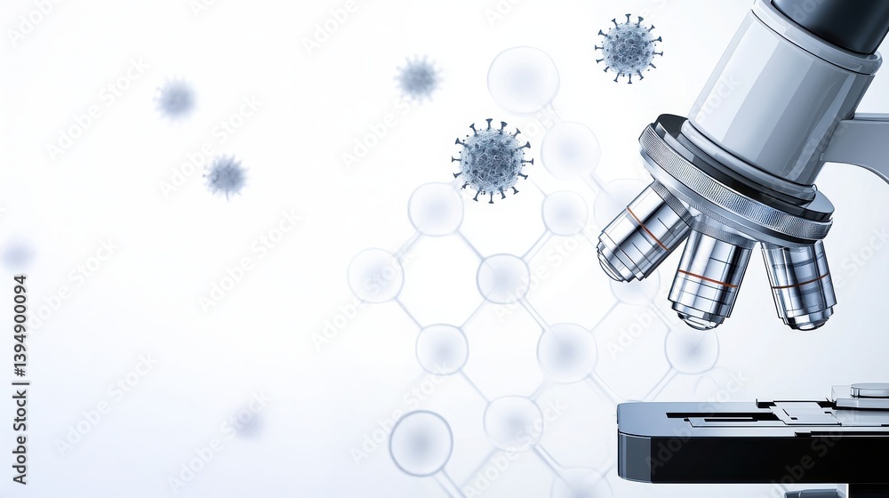 Poster global health pandemics vaccines microscope illustration with molecular structures and virus-like el