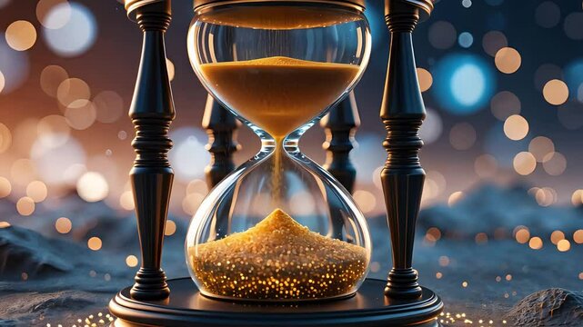 Close-up of an hourglass with golden sand flowing, symbolizing the passage of time and life&rsquo;s fleeting moments.

