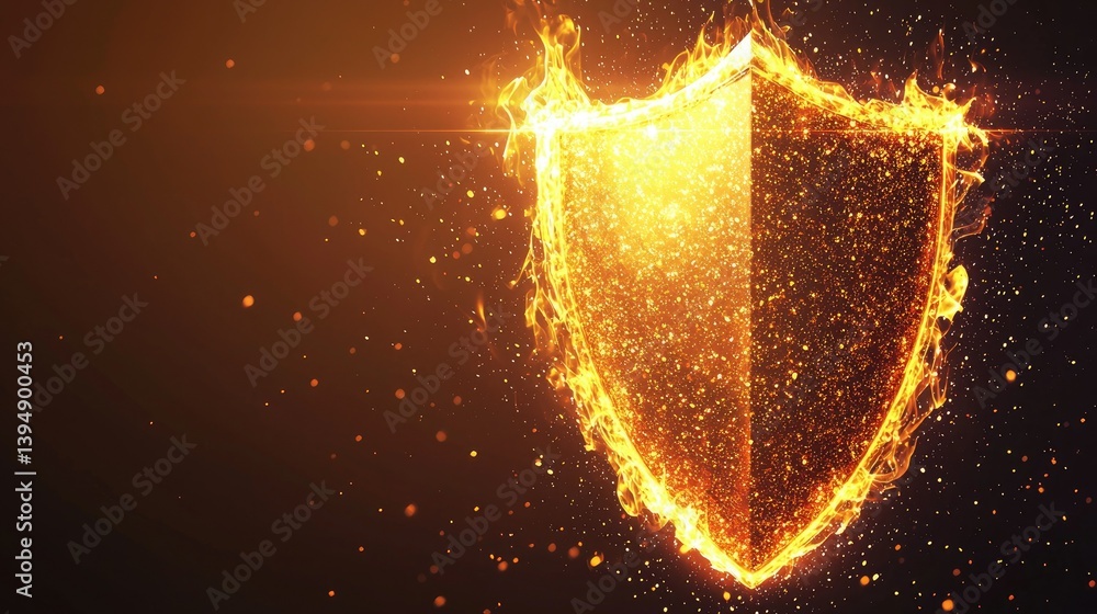 Poster a flaming shield with bright embers and glowing effects, emphasizing invulnerability and resilience