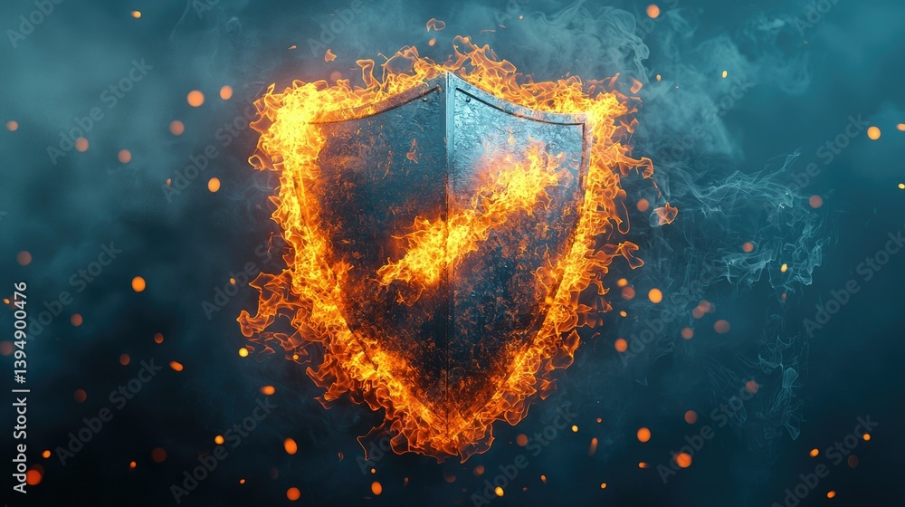 Poster a flaming shield with bright embers and glowing effects, emphasizing invulnerability and resilience