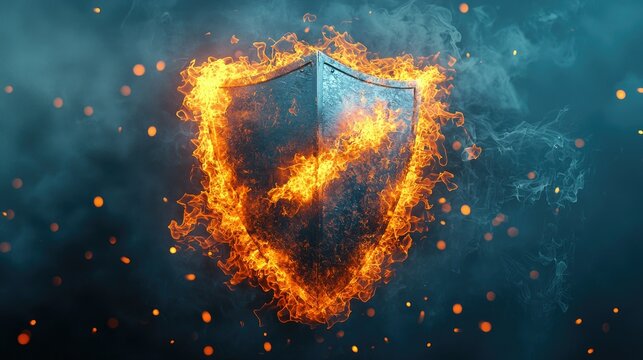 A flaming shield with bright embers and glowing effects, emphasizing invulnerability and resilience