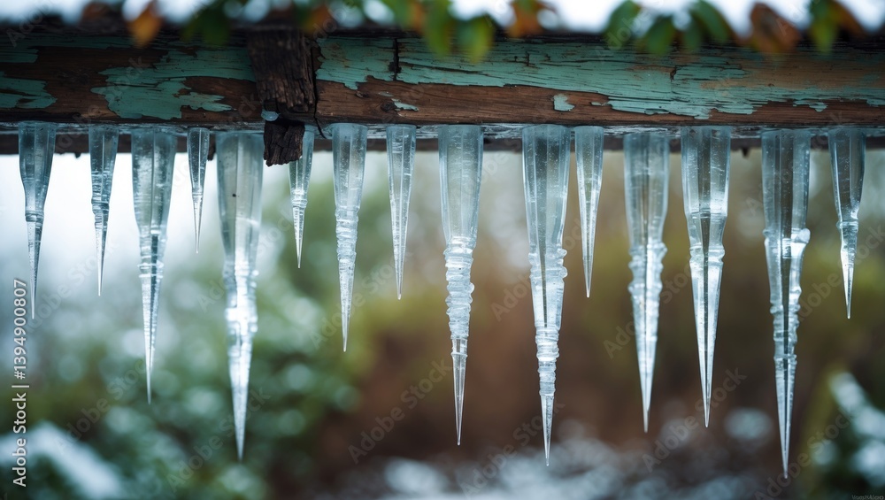 Aufkleber Close-up image of icicles on a structure, highlighting their growth layers. The depth of field effect provides a clear foreground and a blurred backdrop suggested by greenery.