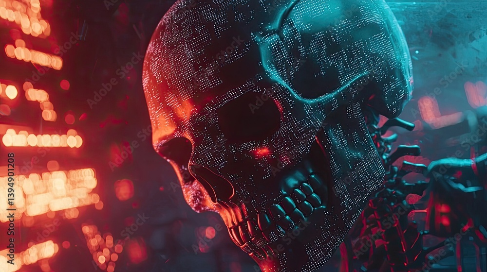 Poster a futuristic ai skull with glowing matrix code patterns and sci-fi-inspired digital energy
