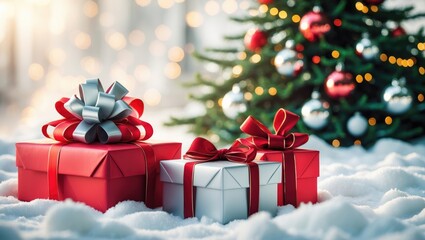 Background Featuring Blurred Christmas Scene. Empty Space. Gifts and Trees. Product Mockup.