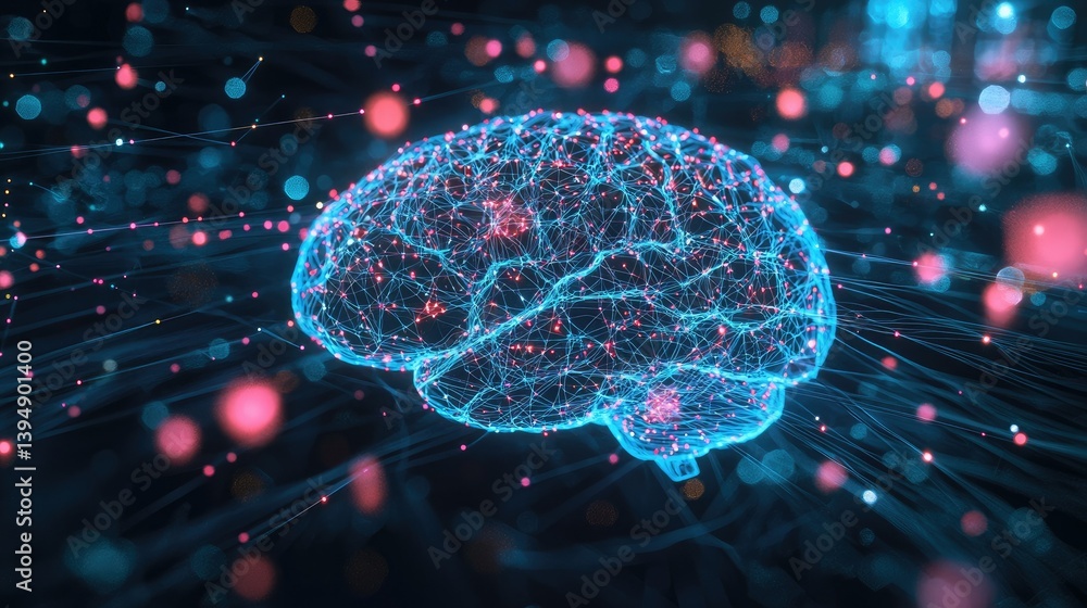 Poster a futuristic brain visualization with glowing neural connections and floating digital particles