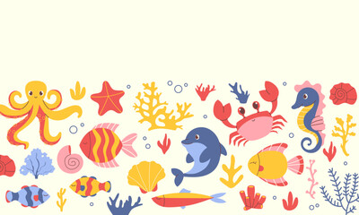 Marine horizontal template, banner with hand drawn marine animals, fish, plants