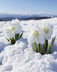 Serene winter landscape with delicate white flowers emerging through snow against a backdrop of distant mountains and blue sky