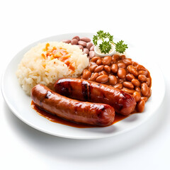 White plate with sausages, white rice, and baked beans on it