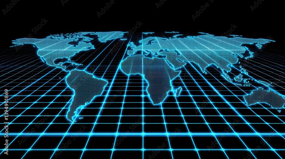 Aufkleber a futuristic digital world map with glowing blue grid lines and abstract data waves