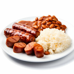 White plate with sausages, white rice, and baked beans on it