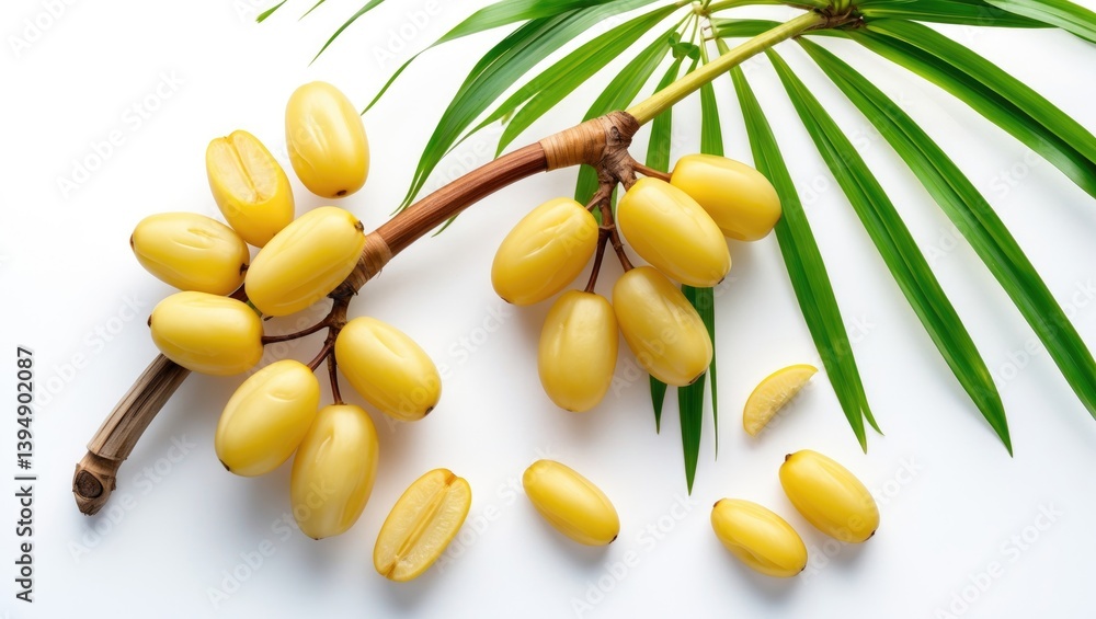 Poster Freshly cut yellow date palm fruits on a white background with clipping path. Sliced dates and leaf branch included.