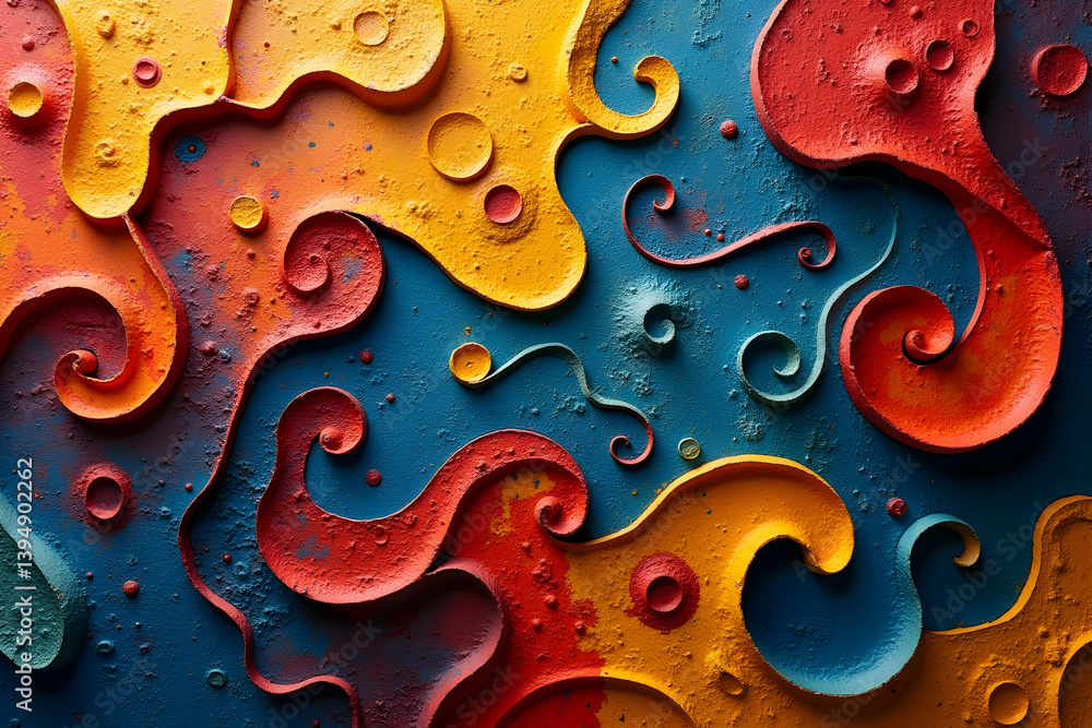 Poster abstract geometric composition with organic swirls and vibrant colors creating a dynamic visual narr