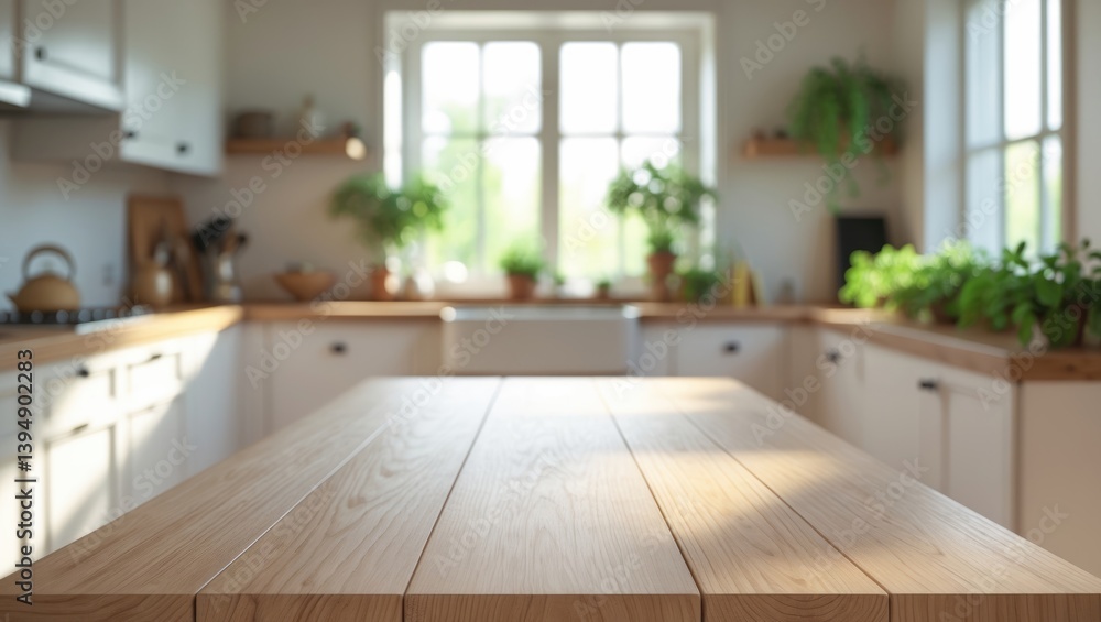 Poster top view of an empty wood table for displaying products against a blurred kitchen counter and large 