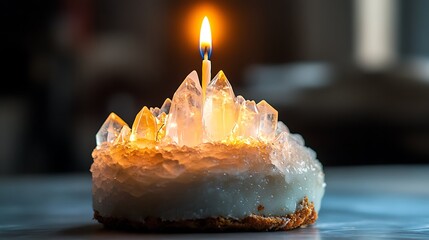 A cake shaped like a crystal mountain, topped with a radiant candle 