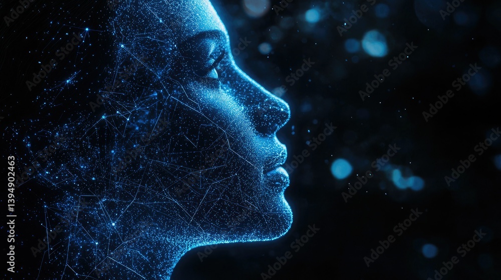 Poster a futuristic human profile with embedded neon circuitry and digital network connections