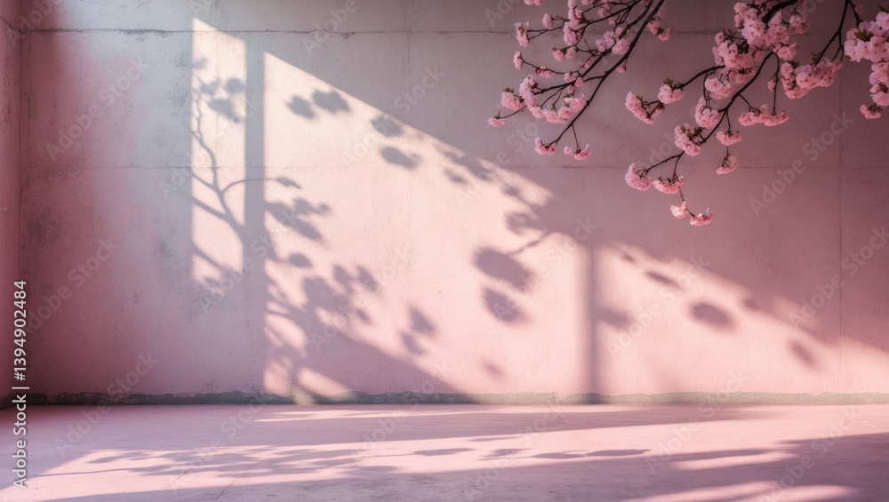 Poster cherry blossom shadow on concrete wall texture, pink cement with branches shadow overlay on the floo
