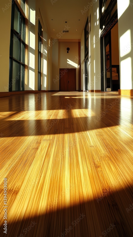 Poster sunlight streaming through windows illuminates a polished wooden floor creating a warm inviting inte