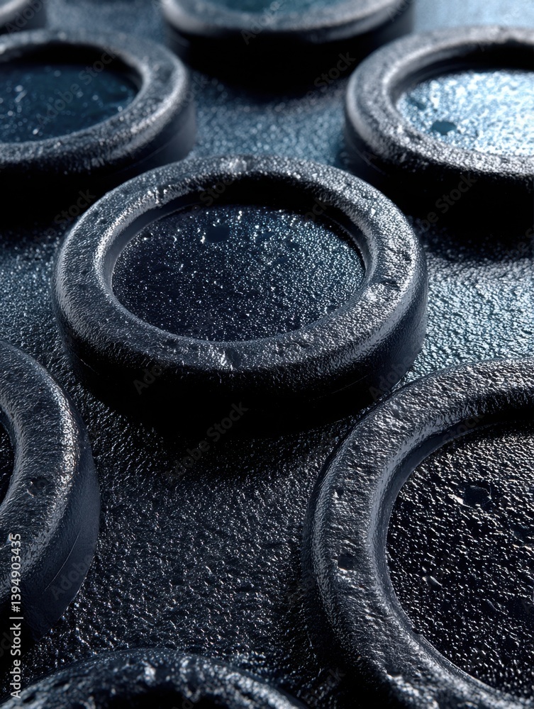 Aufkleber abstract close up of dark textured surface with circular indentations and water droplets for backgro