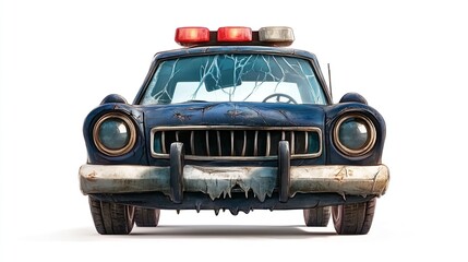 Damaged cartoon police car, front view.